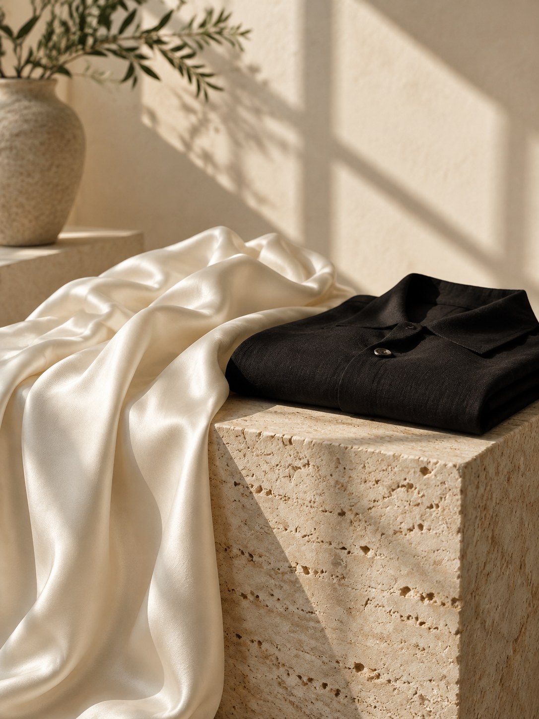 Illustrative wardrobe detail · silk and linen, not Natalia